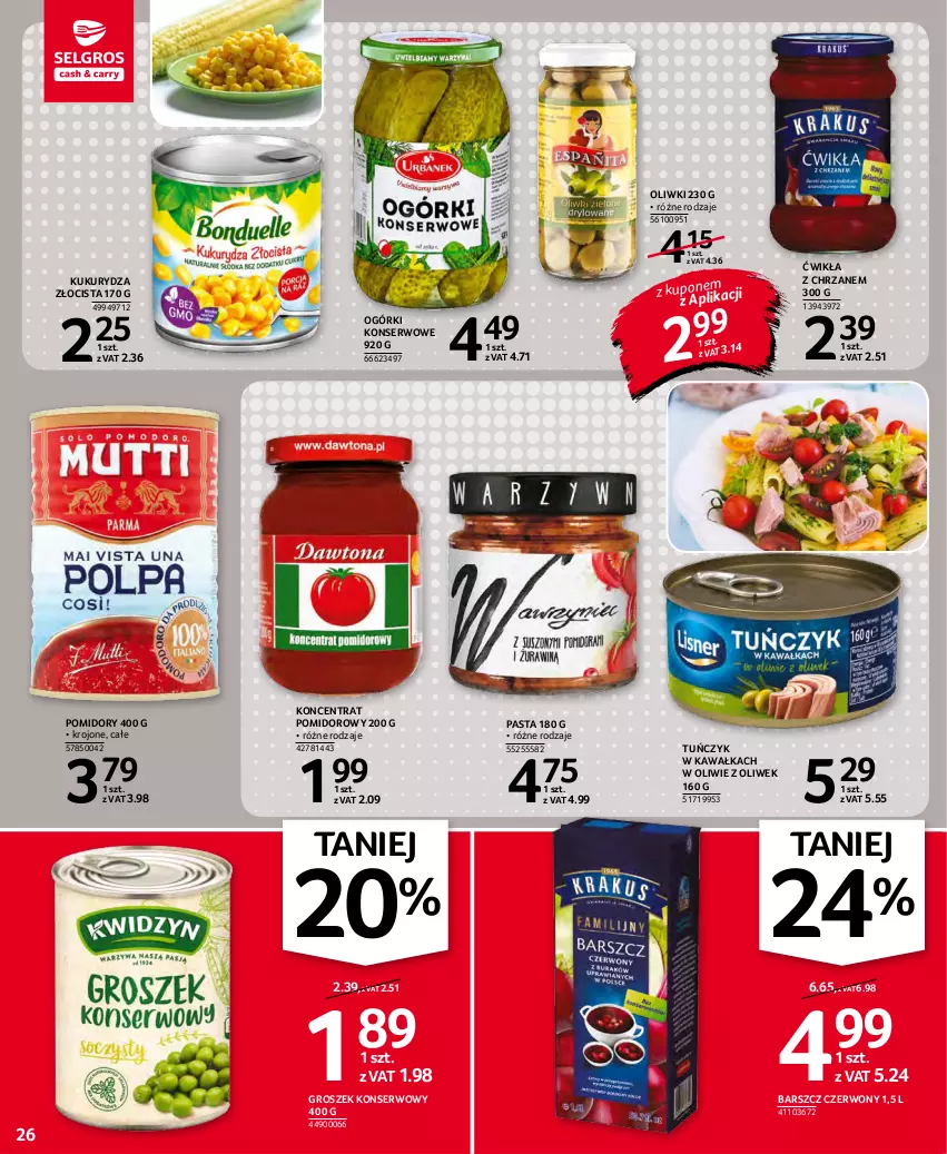 Gazetka promocyjna Selgros - Oferta spożywcza - ważna 25.11 do 01.12.2021 - strona 26 - produkty: Chrzan, Groszek, Kawa, Koncentrat pomidorowy, Kukurydza, Ogórki konserwowe, Oliwki, Pomidory, Ser, Tuńczyk