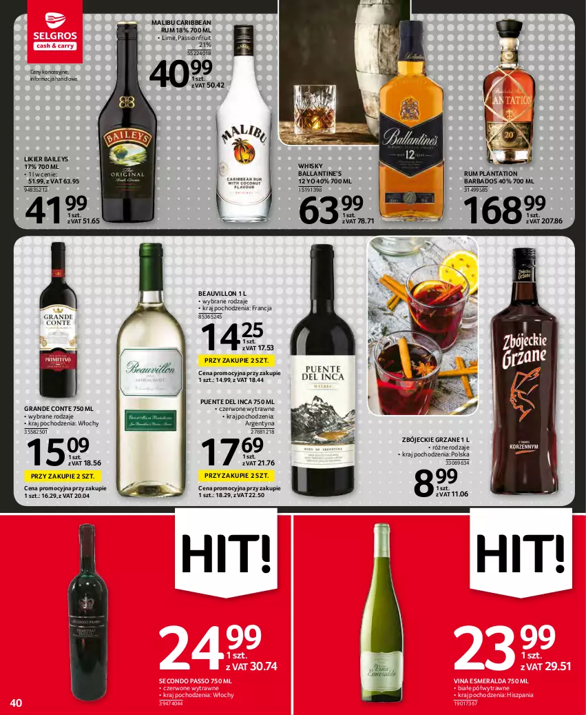 Gazetka promocyjna Selgros - Oferta spożywcza - ważna 25.11 do 01.12.2021 - strona 40 - produkty: Gra, Likier, Malibu, Plantation, Rum, Whisky