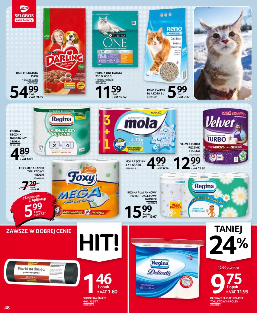 Gazetka promocyjna Selgros - Oferta spożywcza - ważna 25.11 do 01.12.2021 - strona 48 - produkty: Foxy, Gin, Gra, Mola, Papier, Papier toaletowy, Pur, Purina, Ręcznik, Rolki, Rum, Velvet, Worki na śmiec, Worki na śmieci