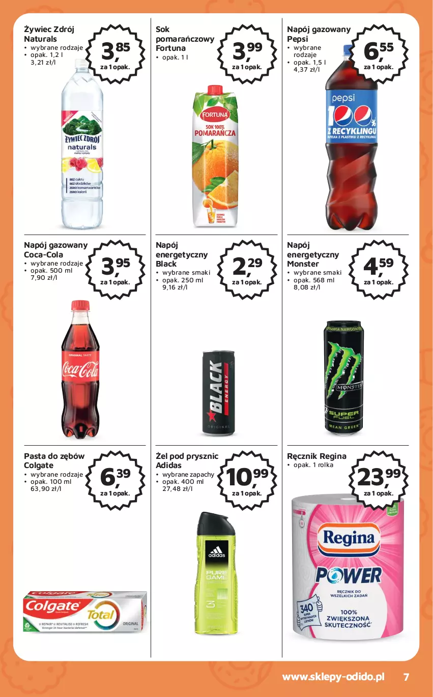 Gazetka promocyjna Odido - Gazetka - ważna 21.04 do 04.05.2023 - strona 7 - produkty: Adidas, Coca-Cola, Colgate, Fortuna, Gin, Lack, LG, Napój, Napój energetyczny, Napój gazowany, Pasta do zębów, Pepsi, Ręcznik, Sok, Sok pomarańczowy