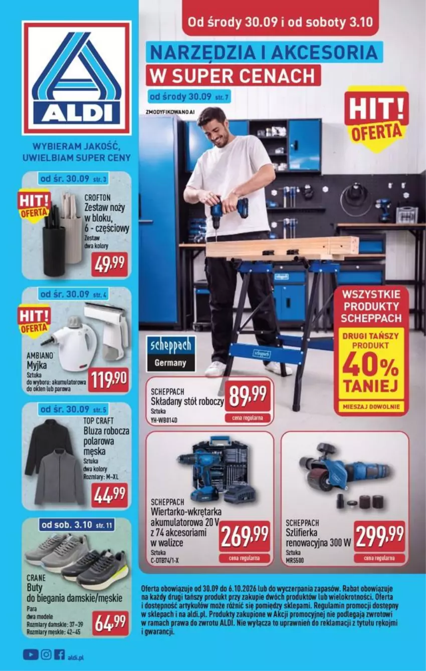 Gazetka promocyjna Aldi - Przygotuj się na kolejny tydzień! - ważna 30.09 do 03.10.2026 - strona 1 - produkty: Akumulator, Bluza, Rama, Stół, Szlifierka, Tarka, Top, Wkręt, Wkrętarka