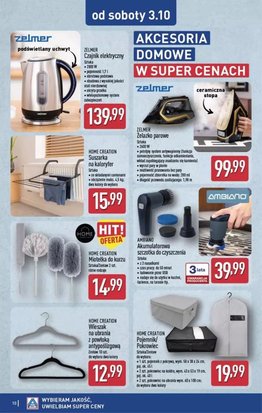 Gazetka promocyjna Aldi - Przygotuj się na kolejny tydzień! - ważna 30.09 do 03.10.2026 - strona 10 - produkty: Akumulator, Czajnik, Czajnik elektryczny, Gin, Grzałka, Piec, Pojemnik, Pokrowiec, Sok, Suszarka, Szczotka, Top, Ubrania, Wieszak, Zelmer