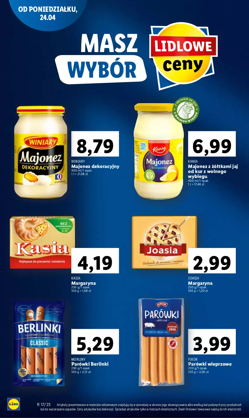 Gazetka promocyjna Lidl - GAZETKA - ważna 24.04 do 26.04.2023 - strona 10 - produkty: Berlinki, Kasia, Majonez, Margaryna, Morliny, Parówki, PIKOK, Winiary