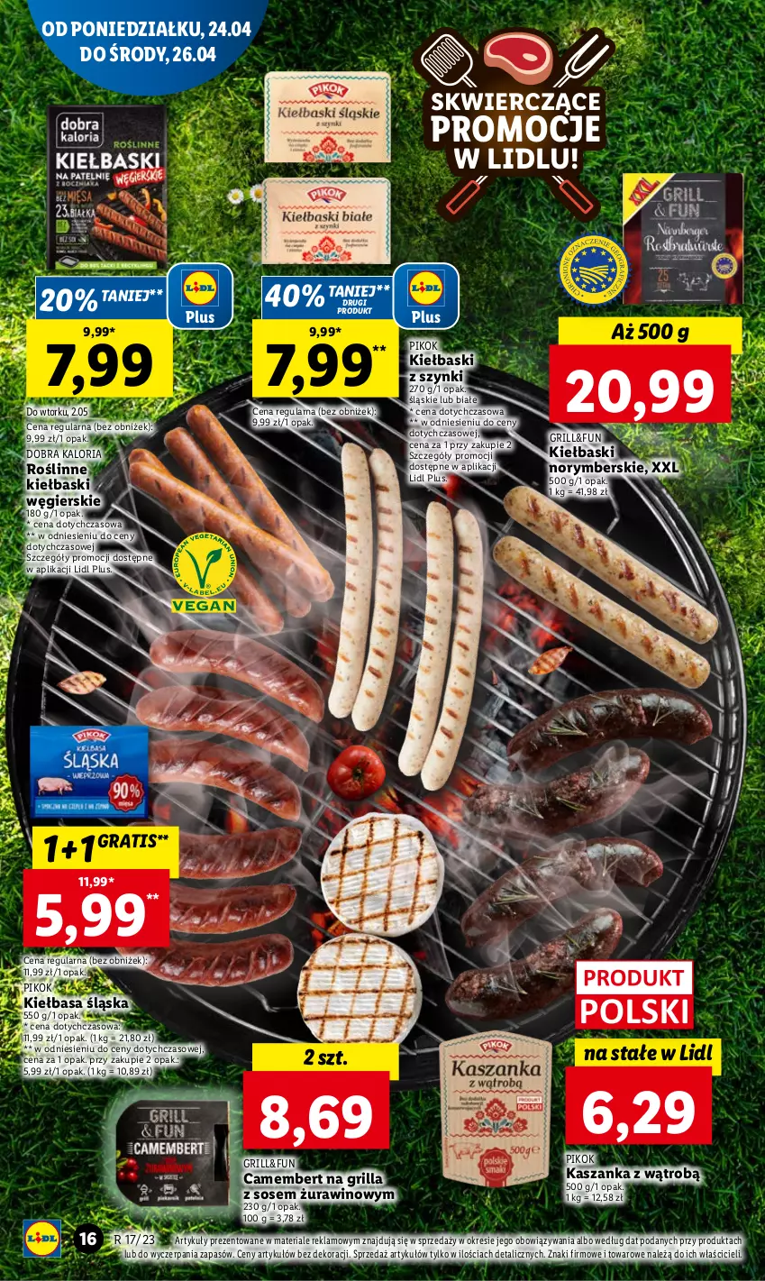 Gazetka promocyjna Lidl - GAZETKA - ważna 24.04 do 26.04.2023 - strona 22 - produkty: Camembert, Gra, Grill, Kasza, Kaszanka, Kiełbasa, Kiełbasa śląska, PIKOK, Roślinne kiełbaski, Sos, Wino