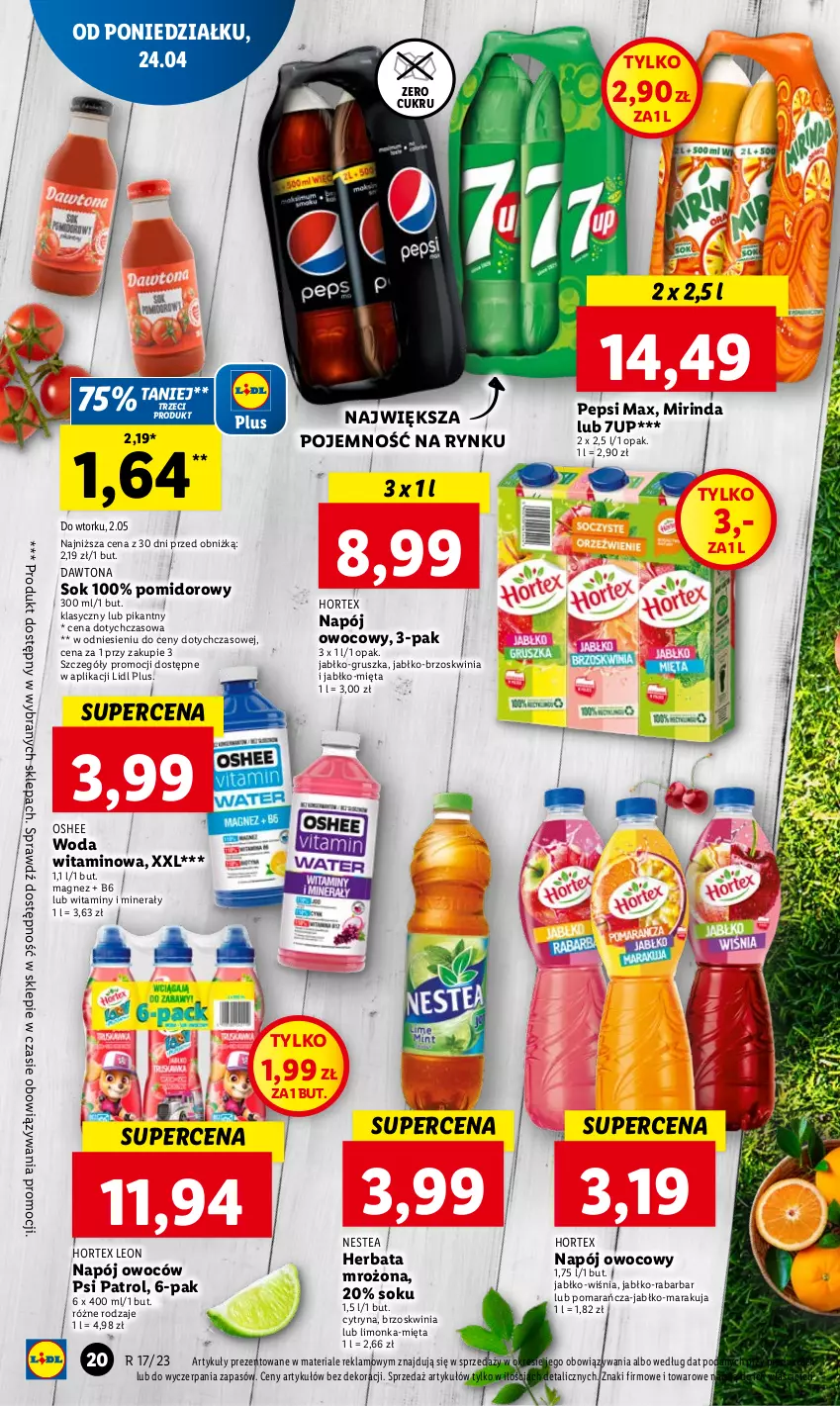 Gazetka promocyjna Lidl - GAZETKA - ważna 24.04 do 26.04.2023 - strona 28 - produkty: 7up, Dawtona, Herbata, Hortex, Leon, Limonka, Magnez, Mięta, Mirinda, Napój, Nestea, Oshee, Pepsi, Pepsi max, Psi Patrol, Sok, Woda