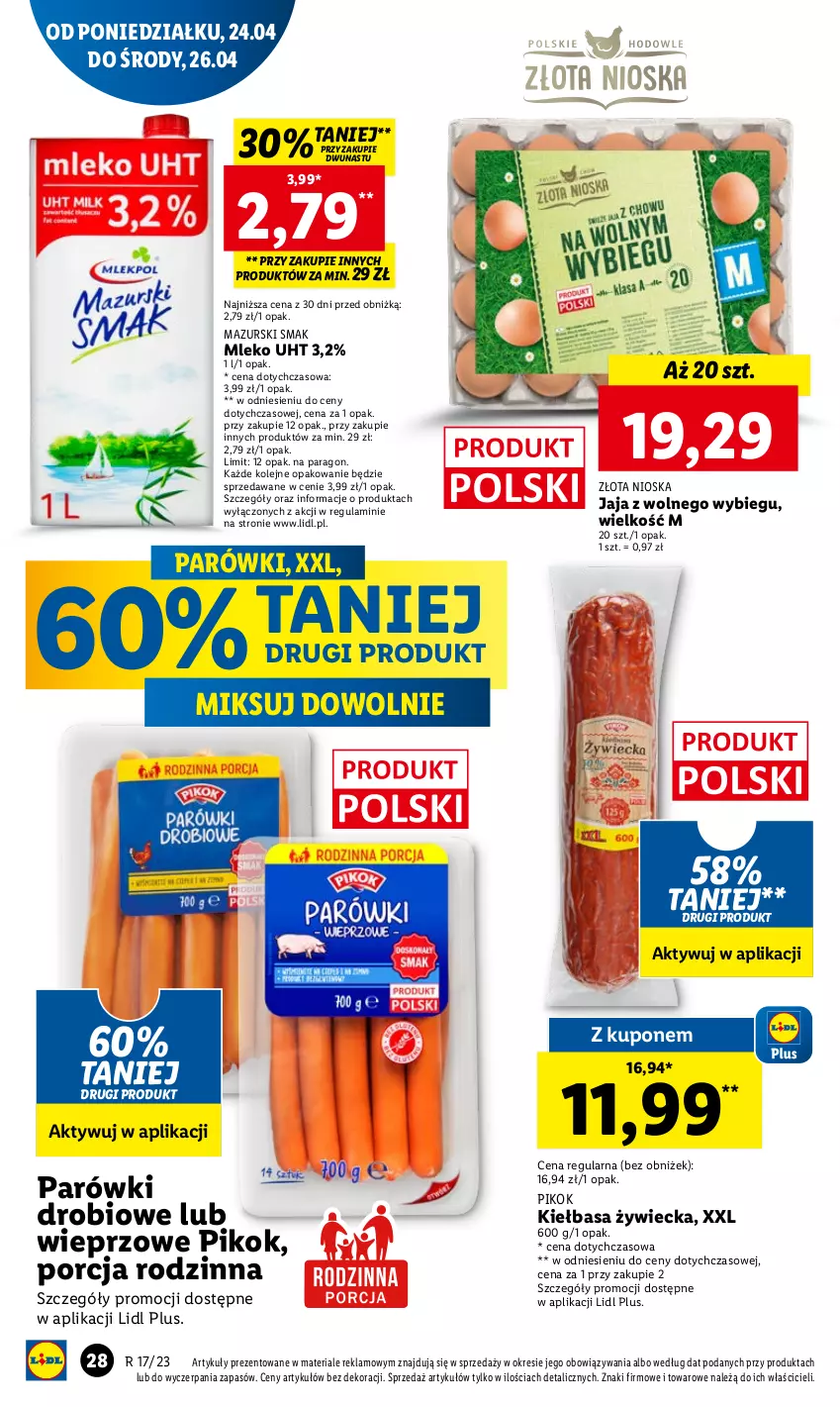 Gazetka promocyjna Lidl - GAZETKA - ważna 24.04 do 26.04.2023 - strona 38 - produkty: Jaja, Jaja z wolnego wybiegu, Kiełbasa, Mleko, Olej, Parówki, PIKOK, Por