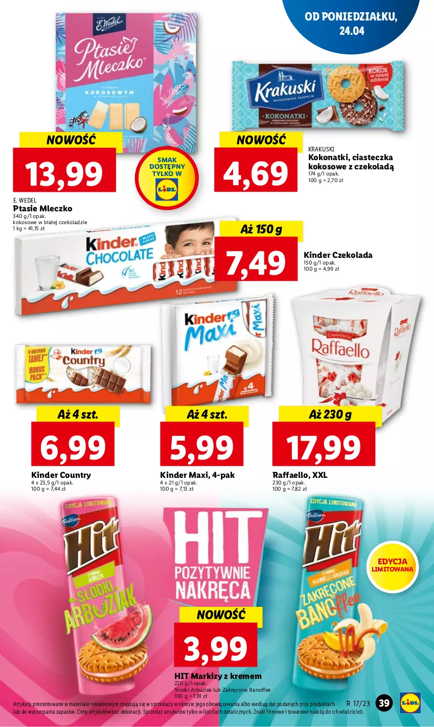 Gazetka promocyjna Lidl - GAZETKA - ważna 24.04 do 26.04.2023 - strona 49 - produkty: Arbuz, Czekolada, E. Wedel, Fa, Kinder, Kokos, Krakus, Krakuski, Mleczko, Ptasie mleczko, Raffaello