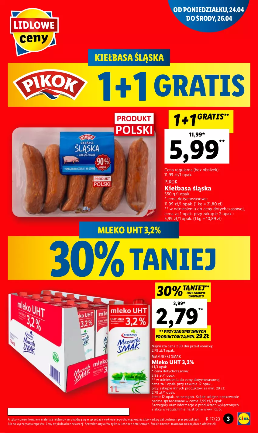 Gazetka promocyjna Lidl - GAZETKA - ważna 24.04 do 26.04.2023 - strona 5 - produkty: Gra, Kiełbasa, Kiełbasa śląska, Mleko, Olej, PIKOK