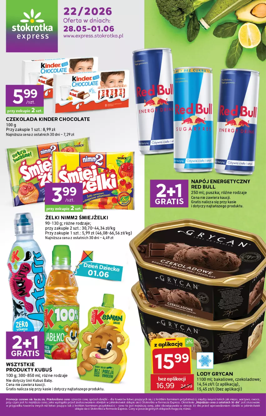Gazetka promocyjna Stokrotka - Stokrotka Express - ważna 28.05 do 01.06.2026 - strona 1 - produkty: Czekolada, Gra, Gry, Kinder, Kubuś, Lody, Napój, Napój energetyczny, Nimm2, Red Bull