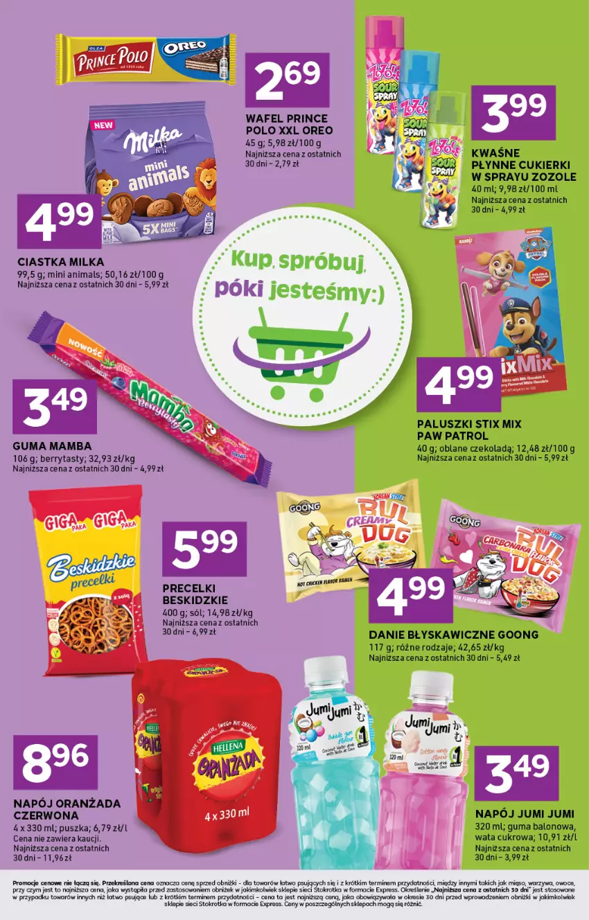 Gazetka promocyjna Stokrotka - Stokrotka Express - ważna 28.05 do 01.06.2026 - strona 5 - produkty: Beskidzki, Ciastka, Cukier, Cukierki, Mamba, Mięso, Milka, Napój, Oranżada, Oreo, Owoce, Por, Precelki, Prince Polo, Sól, Warzywa, Wata cukrowa