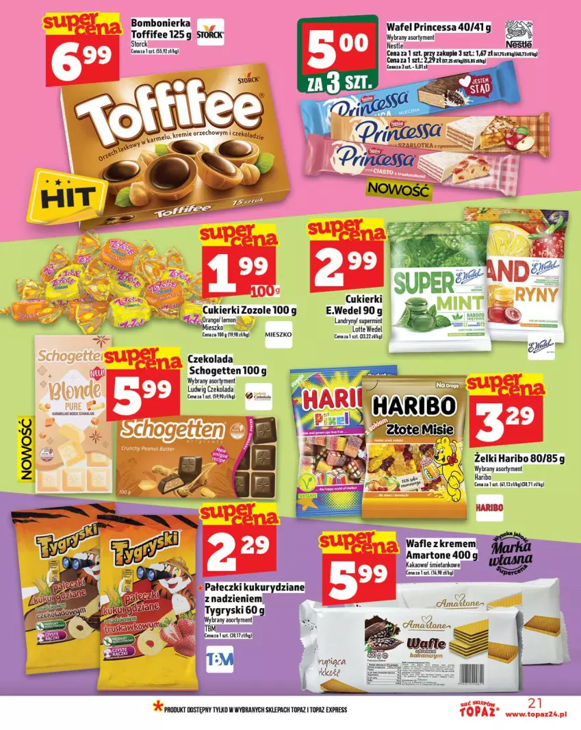 Gazetka promocyjna Topaz - Gazetka - ważna 07.08 do 13.08.2025 - strona 21 - produkty: Cukier, Cukierki, Czekolada, Haribo, Princessa, Schogetten, Szarlotka, Toffifee, Top