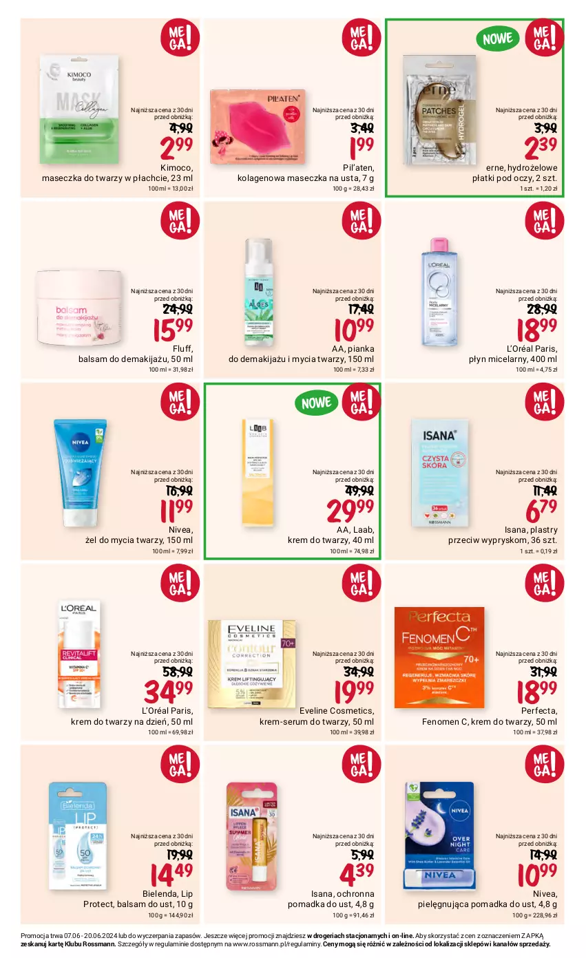 Gazetka promocyjna Rossmann - 7 czerwca - ważna 07.06 do 20.06.2024 - strona 11 - produkty: Balsam do ust, Bielenda, Eveline, Hydrożelowe płatki pod oczy, Isana, Kolagen, Krem do twarzy, L’Oréal, Makijaż, Nivea, Perfecta, Płyn micelarny, Rum, Ser, Serum, Serum do twarzy