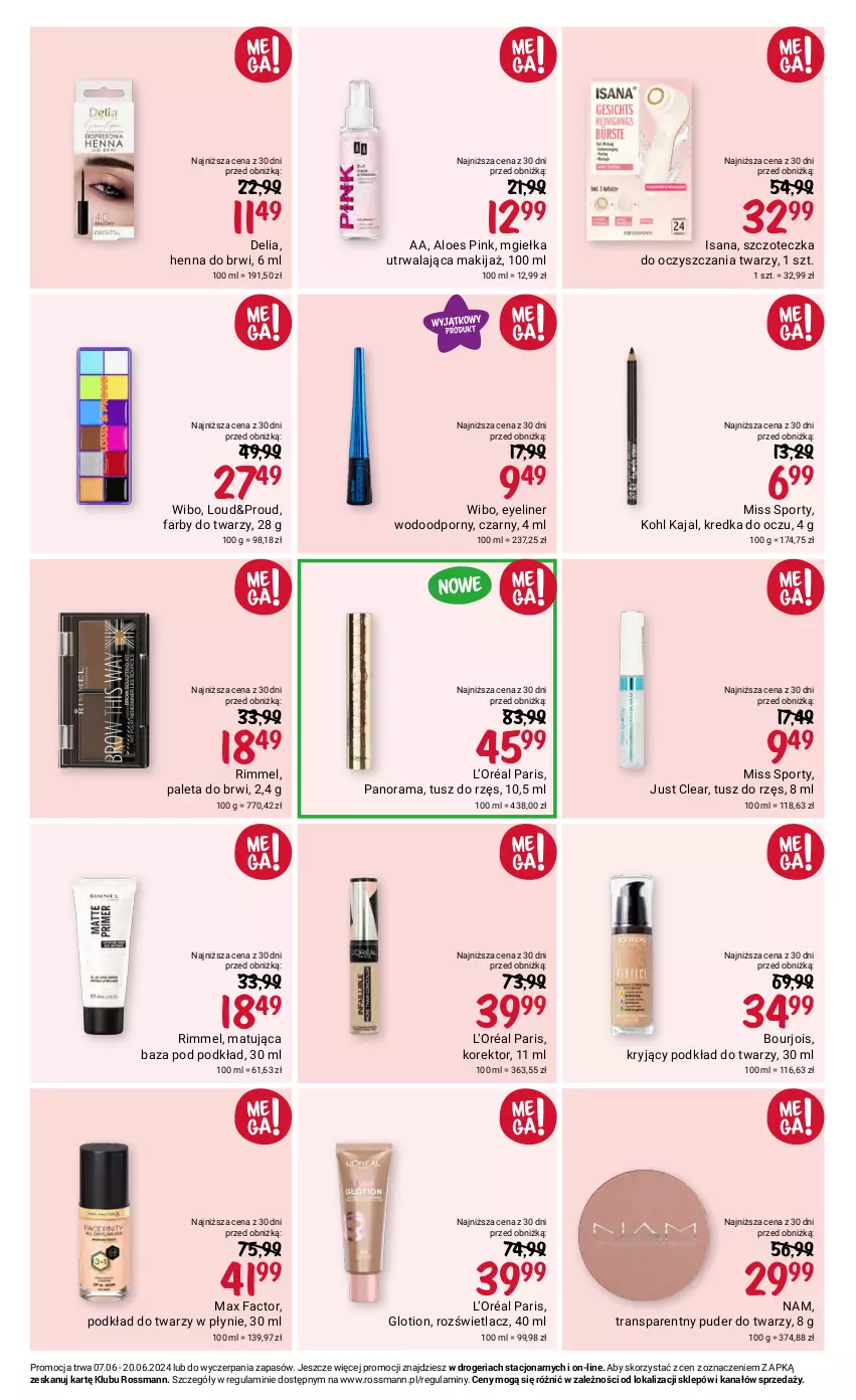 Gazetka promocyjna Rossmann - 7 czerwca - ważna 07.06 do 20.06.2024 - strona 3 - produkty: Bourjois, Fa, Farby do twarzy, Isana, Kredka, L’Oréal, Makijaż, Max Factor, Miss Sporty, Paleta, Podkład, Podkład do twarzy, Por, Puder, Puder do twarzy, Rama, Rozświetlacz, Sport, Szczoteczka, Tran, Tusz, Wibo