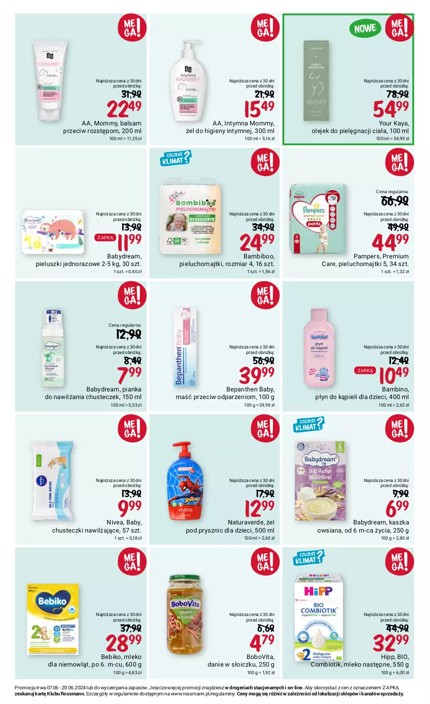 Gazetka promocyjna Rossmann - 7 czerwca - ważna 07.06 do 20.06.2024 - strona 8 - produkty: Babydream, Bebiko, Bepanthen, BoboVita, Chusteczki, Dzieci, HiPP, Majtki, Mleko, Nivea, O nas, Olej, Pampers, Pieluchomajtki, Płyn do kąpieli