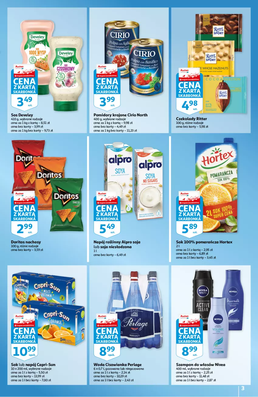 Gazetka promocyjna Auchan - Skarbonka #32 - ważna 12.08 do 18.08.2021 - strona 3 - produkty: Alpro, Cisowianka, Hortex, Napój, Napój roślinny, Nivea, Pomidory, Pomidory krojone, Sok, Sos, Szampon, Top, Woda