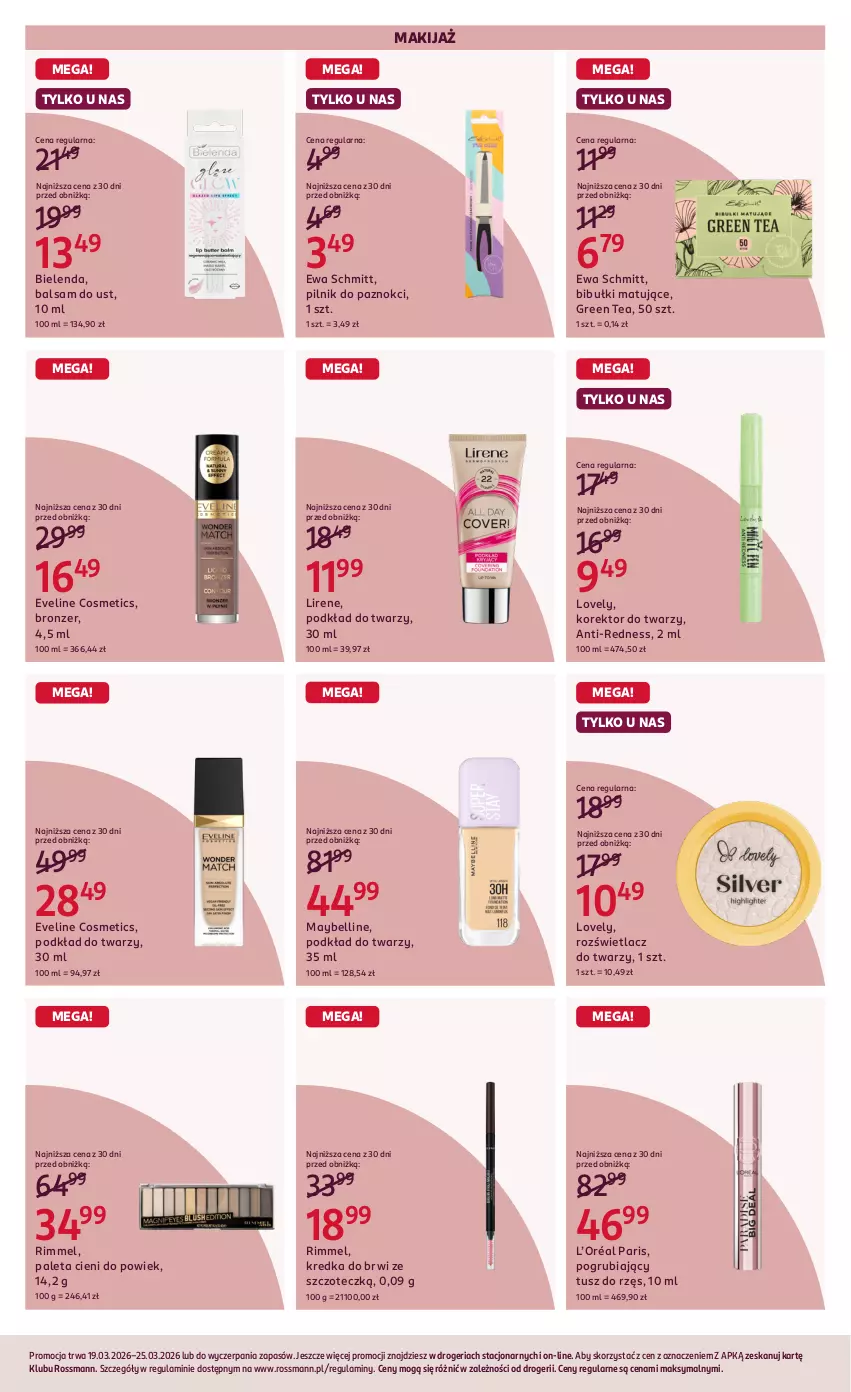 Gazetka promocyjna Rossmann - Gazetka promocyjna Rossmanna - ważna 19.03 do 25.03.2026 - strona 6 - produkty: Balsam do ust, Bell, Bibułki, Bielenda, Bronzer, Eveline, Ewa Schmitt, Korektor do twarzy, Kredka, Kredka do brwi, L’Oréal, Lirene, Lovely, Makijaż, Maybelline, Paleta, Pilnik, Pilnik do paznokci, Podkład, Podkład do twarzy, Rozświetlacz, Tusz