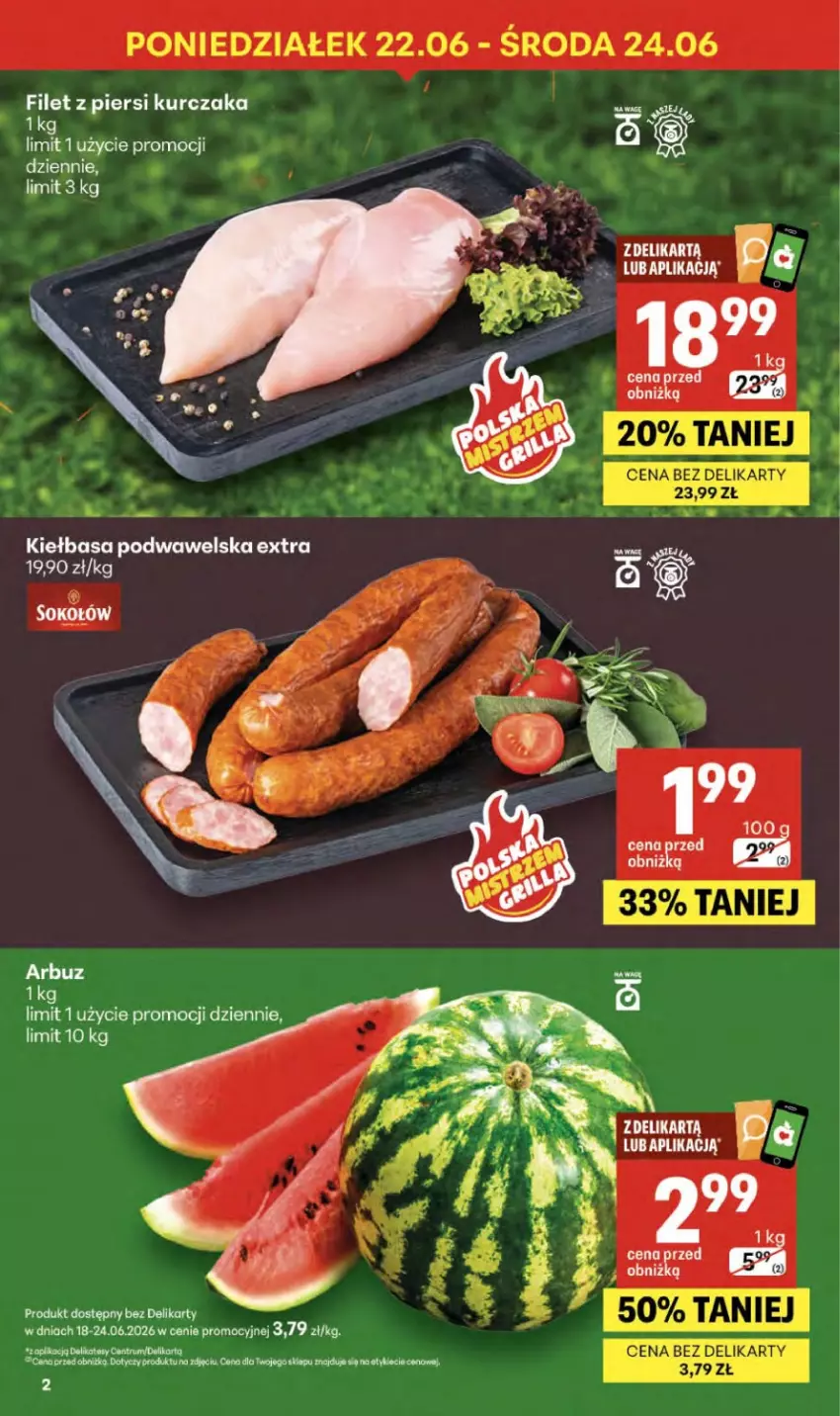 Gazetka promocyjna Delikatesy Centrum - Franczyza DC25 Czwartek - ważna 18.06 do 24.06.2026 - strona 2 - produkty: Arbuz, Filet z piersi kurczaka, Kiełbasa, Kiełbasa podwawelska, Kurczak, Sok, Sokołów, Wawel