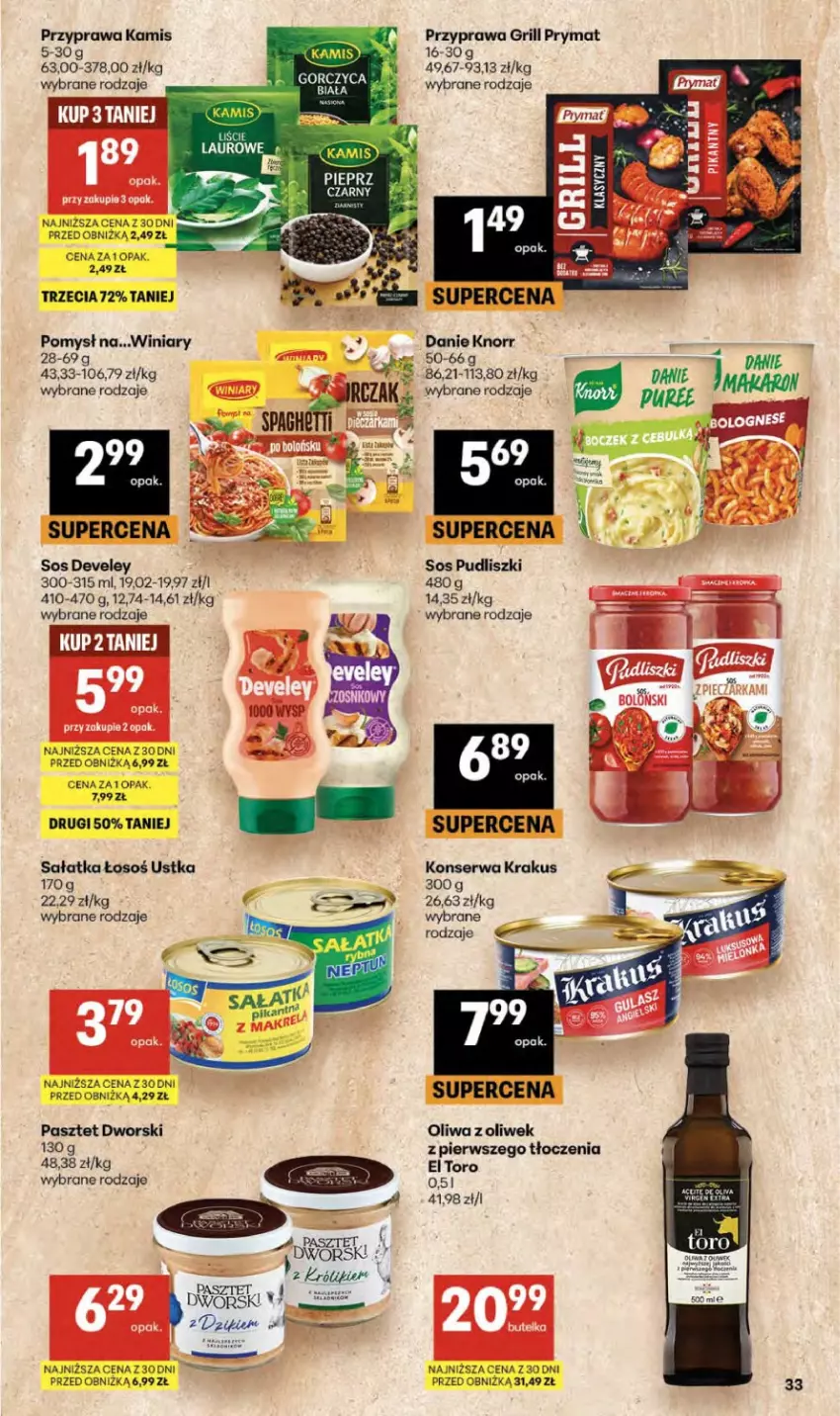 Gazetka promocyjna Delikatesy Centrum - Franczyza DC25 Czwartek - ważna 18.06 do 24.06.2026 - strona 33 - produkty: Grill, Kamis, Knorr, Krakus, Laur, Oliwa, Oliwa z oliwek, Pasztet, Prymat, Pudliszki, Sałat, Sałatka, Ser, Sos, Winiary