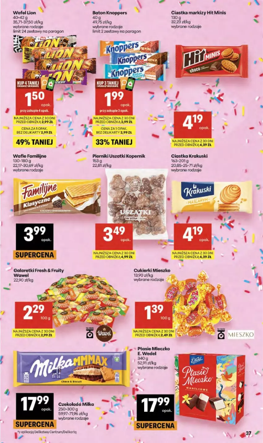 Gazetka promocyjna Delikatesy Centrum - Franczyza DC25 Czwartek - ważna 18.06 do 24.06.2026 - strona 37 - produkty: Baton, Ciastka, Cukier, Cukierki, Czekolada, E. Wedel, Fa, Gala, Galaretki, Knoppers, Koc, Krakus, Krakuski, Lion, Milka, Mleczko, Piernik, Ptasie mleczko, Rum, Wafle