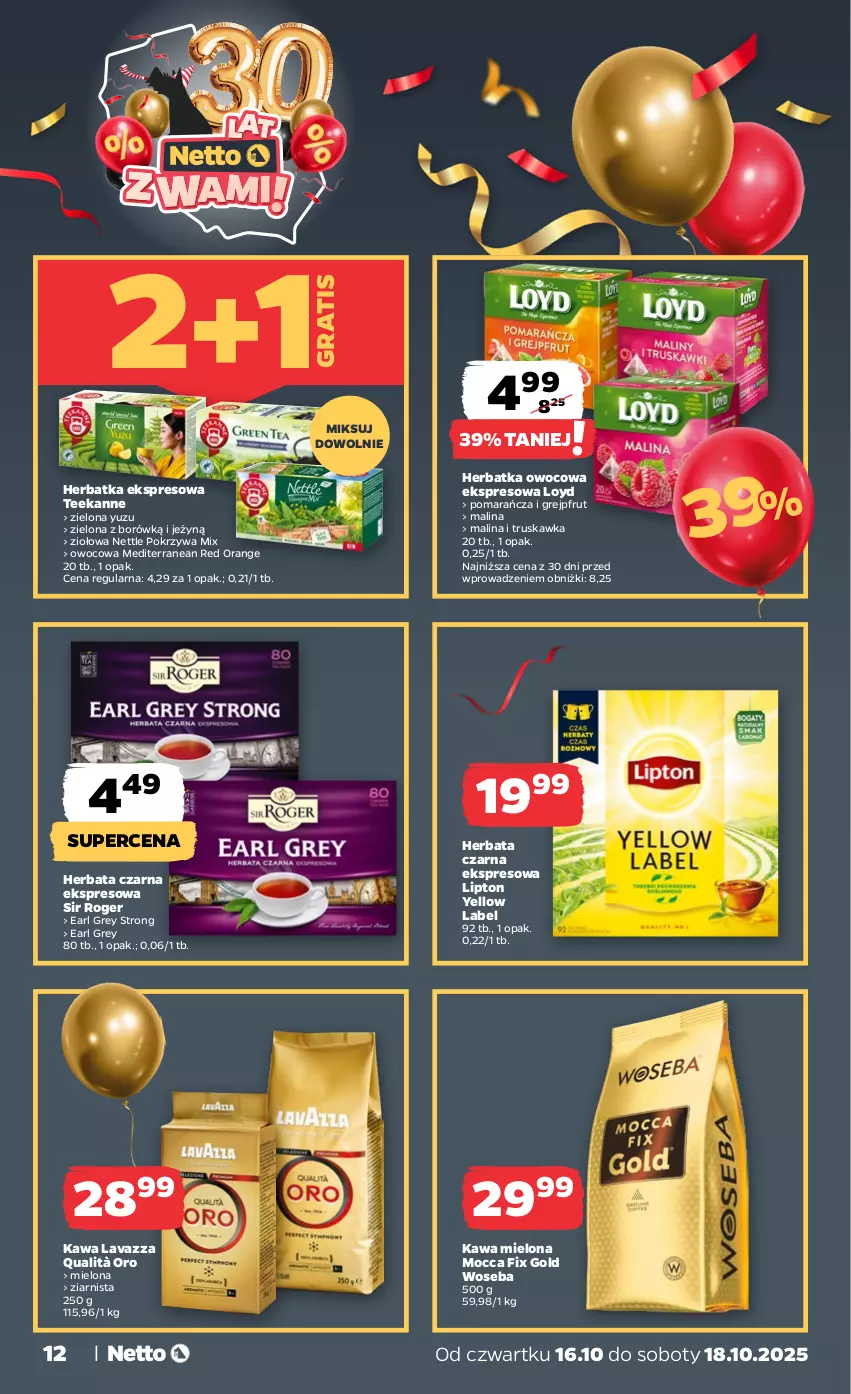 Gazetka promocyjna Netto - Od Czwartku - ważna 16.10 do 18.10.2025 - strona 12 - produkty: Earl Grey, Gra, Grejpfrut, Herbata, Herbata czarna, Kawa, Kawa mielona, Lavazza, Lipton, Loyd, Mocca Fix Gold, Teekanne, Woseba