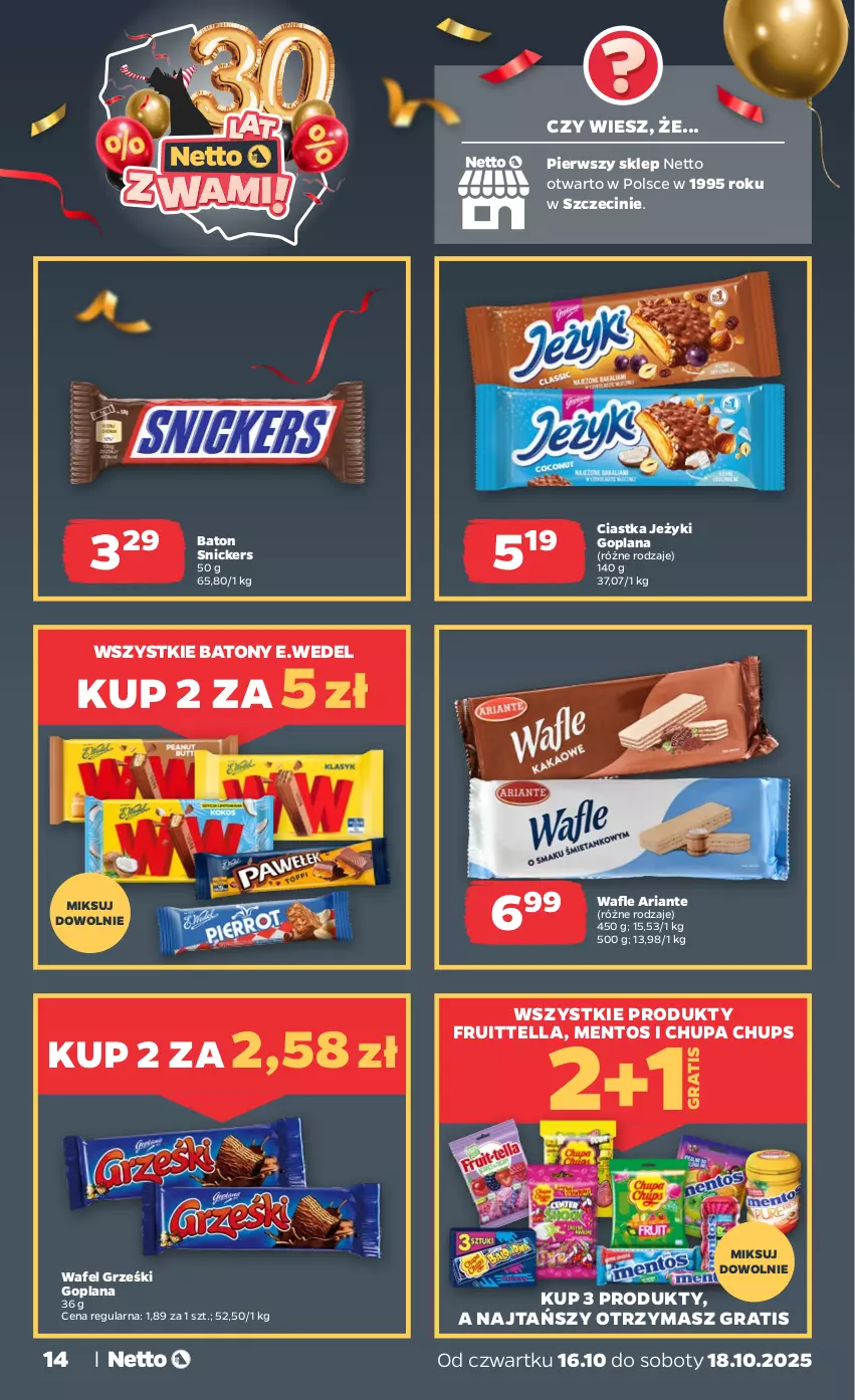 Gazetka promocyjna Netto - Od Czwartku - ważna 16.10 do 18.10.2025 - strona 14 - produkty: Baton, Chupa Chups, Ciastka, Goplana, Gra, Grześki, Jeżyki, LANA, Mentos, Snickers, Wafle