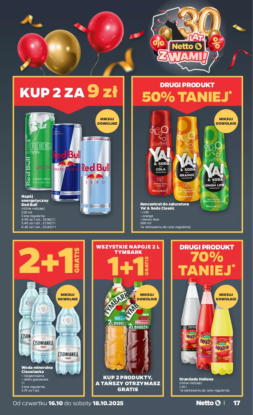 Gazetka promocyjna Netto - Od Czwartku - ważna 16.10 do 18.10.2025 - strona 17 - produkty: Cisowianka, Gra, Hellena, Napój, Napój energetyczny, Napoje, Oranżada, Red Bull, Tymbark, Woda, Woda mineralna