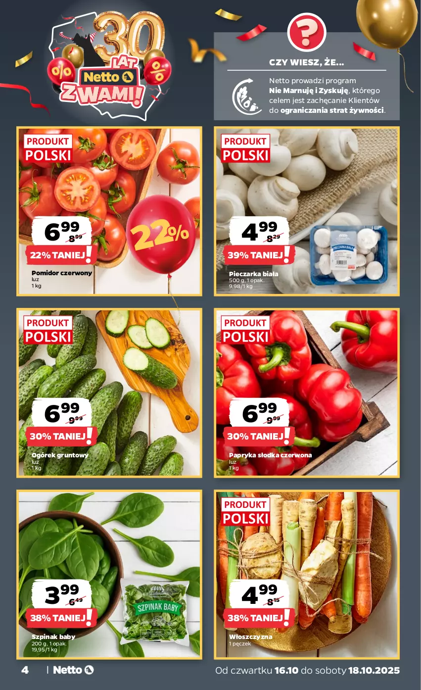 Gazetka promocyjna Netto - Od Czwartku - ważna 16.10 do 18.10.2025 - strona 4 - produkty: Gra, Grunt, Ogórek, Papryka, Papryka słodka, Piec, Pieczarka, Szpinak