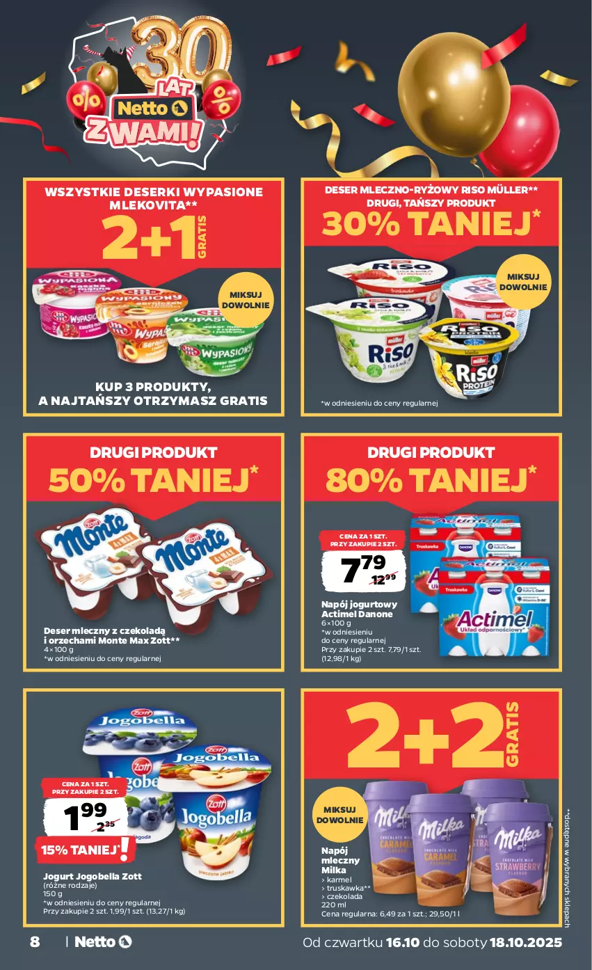 Gazetka promocyjna Netto - Od Czwartku - ważna 16.10 do 18.10.2025 - strona 8 - produkty: Actimel, Bell, Bella, Czekolada, Danone, Deser, Deser mleczny, Gra, Jogobella, Jogurt, Milka, Mleko, Mlekovita, Monte, Müller, Napój, Napój jogurtowy, Napój mleczny, Ryż, Ser, Zott