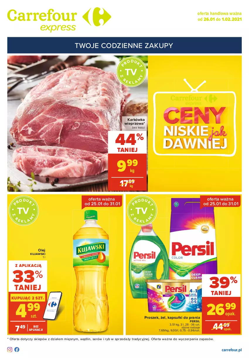 Gazetka promocyjna Carrefour - Gazetka Express - ważna 25.01 do 01.02.2021 - strona 1 - produkty: Kapsułki do prania, Karkówka wieprzowa, Kujawski, Olej, Persil, Ser