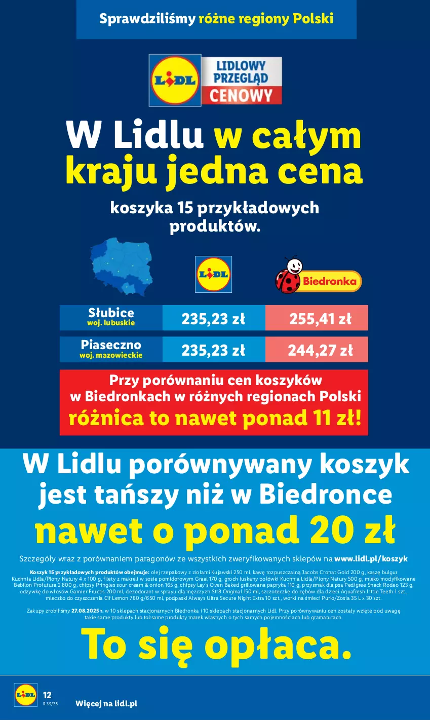 Gazetka promocyjna Lidl - GAZETKA - ważna 25.09 do 27.09.2025 - strona 14 - produkty: Always, Always Ultra, Aquafresh, BEBILON, BIC, Bulgur, Chipsy, Cif, Dezodorant, Dzieci, Fructis, Garnier, Gin, Gra, Graal, Grill, Groch, Jacobs, Kosz, Kuchnia, Kujawski, Lay’s, LG, Mleczko, Mleko, Mleko modyfikowane, Olej, Olej rzepakowy, Papryka, Pedigree, Podpaski, Por, Pringles, Przysmak dla psa, Pur, Rama, Sos, Str8, Worki na śmiec, Worki na śmieci