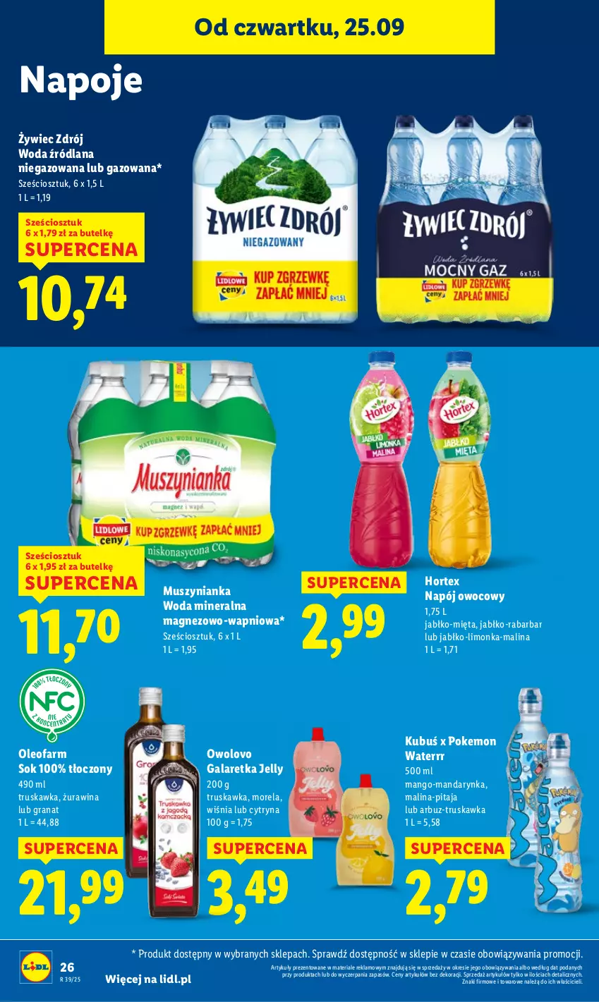 Gazetka promocyjna Lidl - GAZETKA - ważna 25.09 do 27.09.2025 - strona 28 - produkty: Arbuz, Fa, Gala, Galaretka, Gra, Granat, Hortex, Kubuś, LANA, Limonka, Magnez, Mango, Mięta, Morela, Mus, Muszynianka, Napój, Napoje, Oleo, Oleofarm, Sok, Woda, Woda mineralna