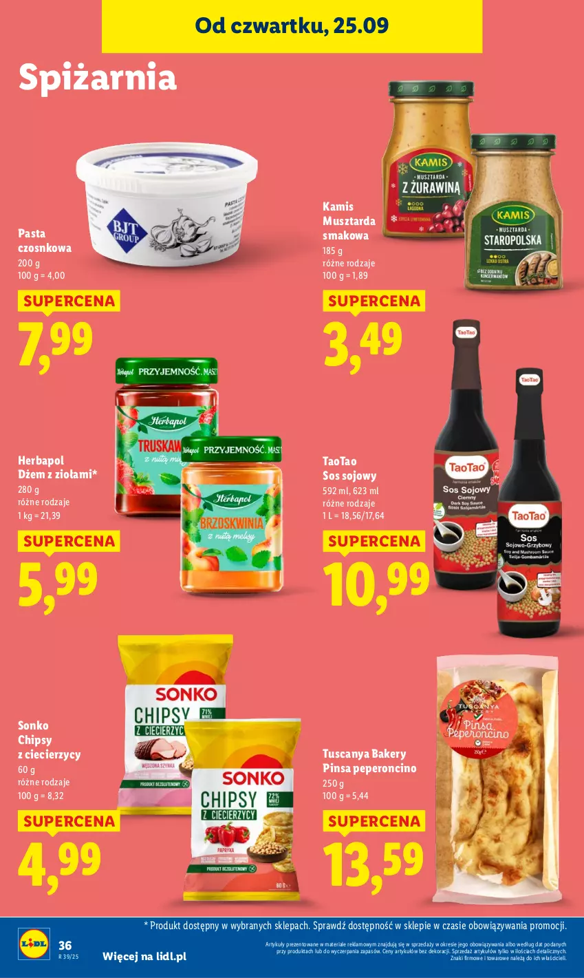 Gazetka promocyjna Lidl - GAZETKA - ważna 25.09 do 27.09.2025 - strona 40 - produkty: Chipsy, Dżem, Herbapol, Kamis, Mus, Musztarda, Sonko, Sos, Sos sojowy, TaoTao
