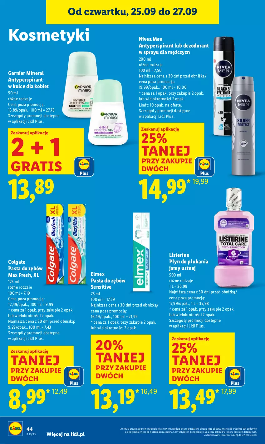 Gazetka promocyjna Lidl - GAZETKA - ważna 25.09 do 27.09.2025 - strona 48 - produkty: Antyperspirant, Colgate, Dezodorant, Elmex, Garnier, Gra, LG, Listerine, Nivea, Nivea Men, Pasta do zębów, Płyn do płukania, Płyn do płukania jamy ustnej