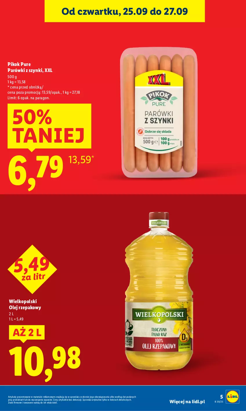 Gazetka promocyjna Lidl - GAZETKA - ważna 25.09 do 27.09.2025 - strona 5 - produkty: Olej, Olej rzepakowy, Parówki, Parówki z szynki, PIKOK, Pur