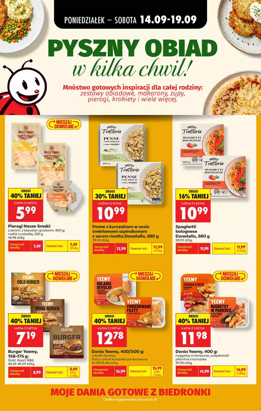 Gazetka promocyjna Biedronka - Gazetka - ważna 14.09 do 21.09.2026 - strona 1 - produkty: Burger, Fa, Kurczak, Penne, Pierogi, Pur, Ricotta, Ser, Sos, Spaghetti, Szpinak