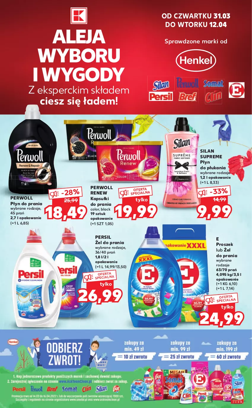 Gazetka promocyjna Kaufland - Oferta ważna  od  31.03.2022 do 13.04.2022 lub do wyczerpania zapasów - ważna 31.03 do 13.04.2022 - strona 1 - produkty: Kapsułki do prania, Lack, Persil, Perwoll, Płyn do płukania, Płyn do prania, Silan