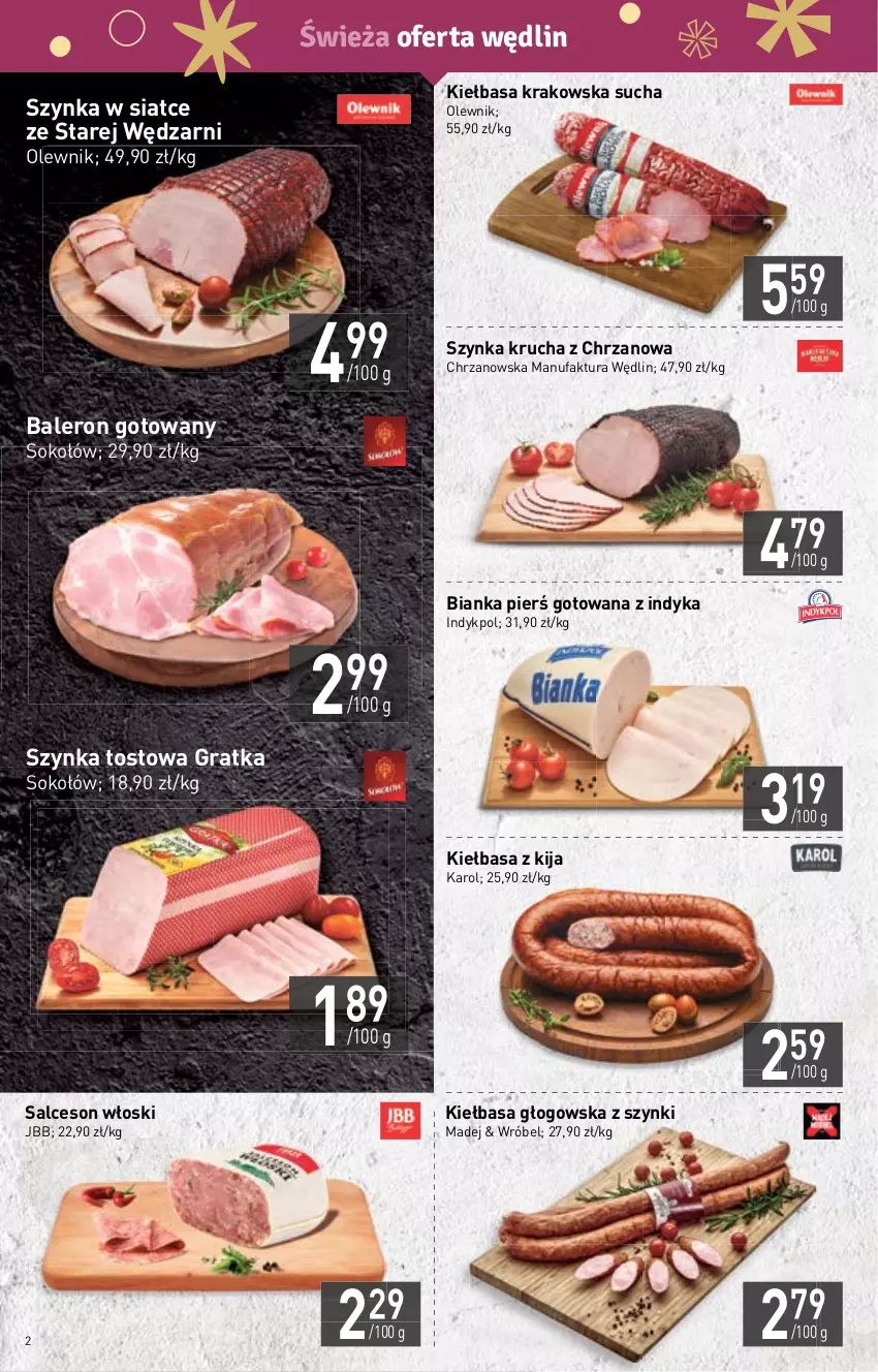 Gazetka promocyjna Stokrotka - Market - ważna 22.12 do 28.12.2022 - strona 2 - produkty: Bianka, Chrzan, Fa, Gra, Kiełbasa, Kiełbasa głogowska, Kiełbasa krakowska, Olewnik, Salceson, Sok, Sokołów, Szynka