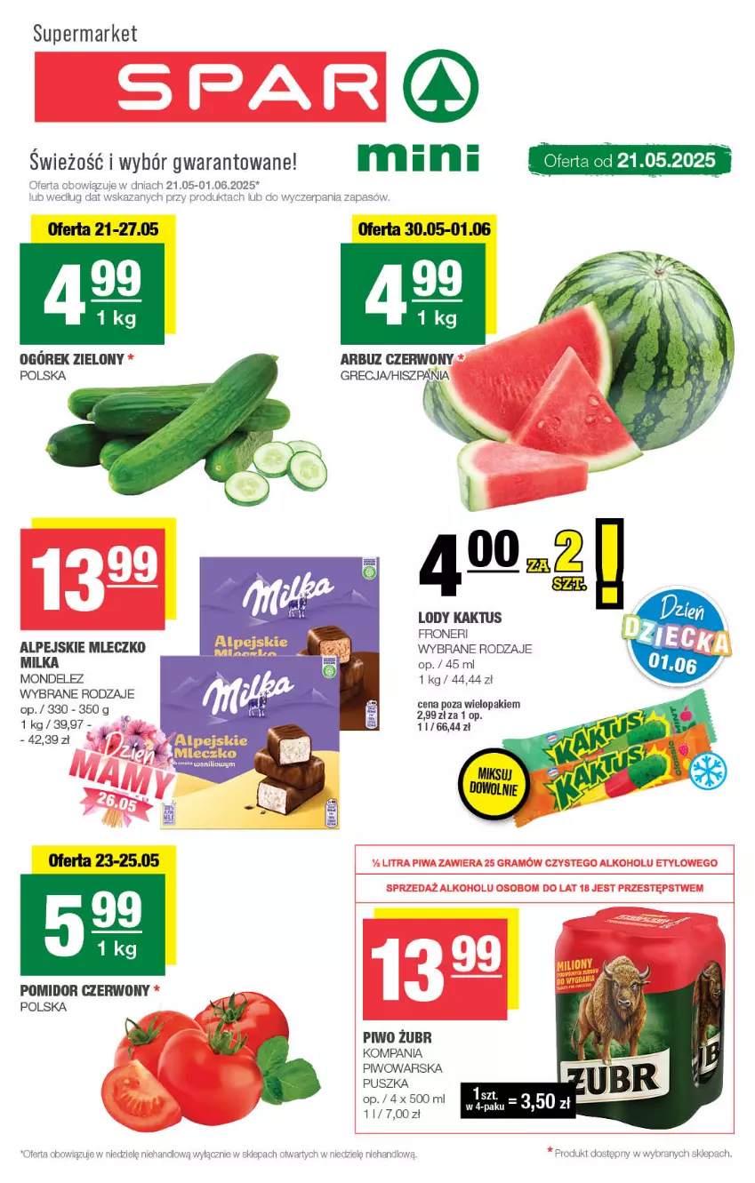 Gazetka promocyjna Spar - Spar-Mini - ważna 18.05 do 28.05.2025 - strona 1 - produkty: Kaktus, Lody, Milka, Mleczko, Ogórek, Piwo