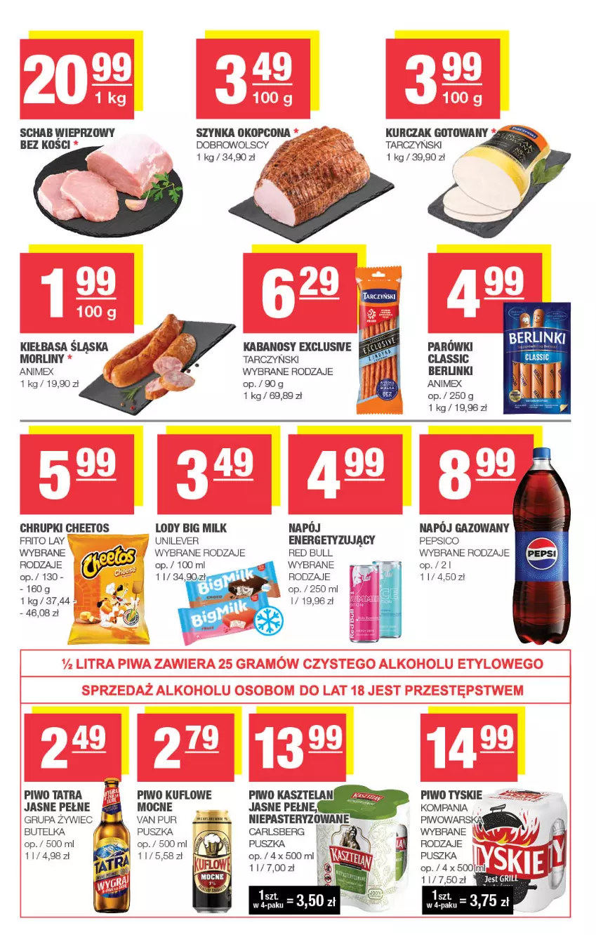 Gazetka promocyjna Spar - Spar-Mini - ważna 18.05 do 28.05.2025 - strona 3 - produkty: Berlinki, Big Milk, Carlsberg, Cheetos, Chrupki, Kabanos, Kasztelan, Kiełbasa, Kurczak, Kurczak gotowany, Lody, Morliny, Napój, Napój gazowany, Pepsi, Piwo, Pur, Red Bull, Schab wieprzowy, Szynka, Tarczyński, Tatra, Tyskie