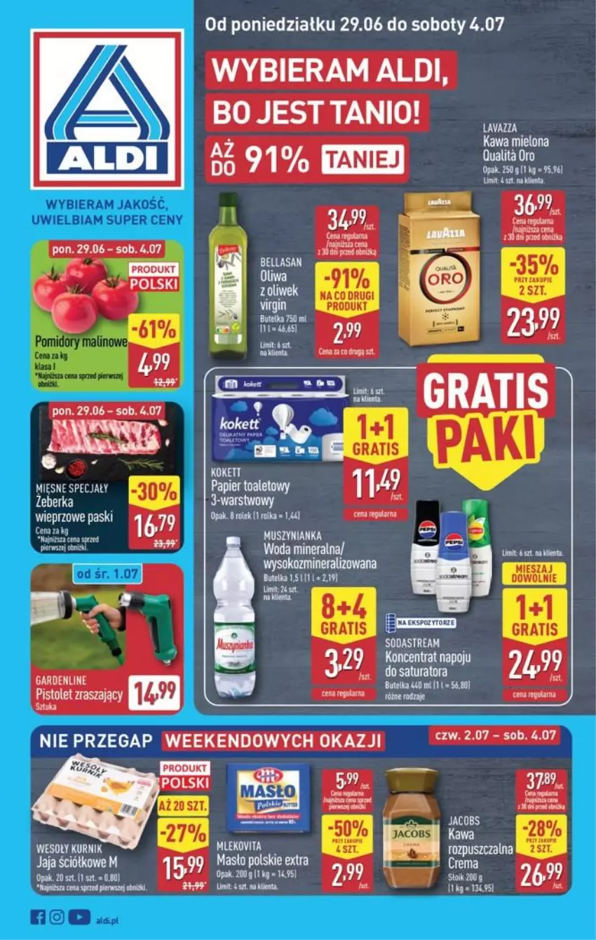 Gazetka promocyjna Aldi - Pełna oferta - ważna 29.06 do 04.07.2026 - strona 1 - produkty: Jacobs, Jaja, Kawa, Masło, Mus, Muszynianka, Papier, Papier toaletowy, Woda, Woda mineralna