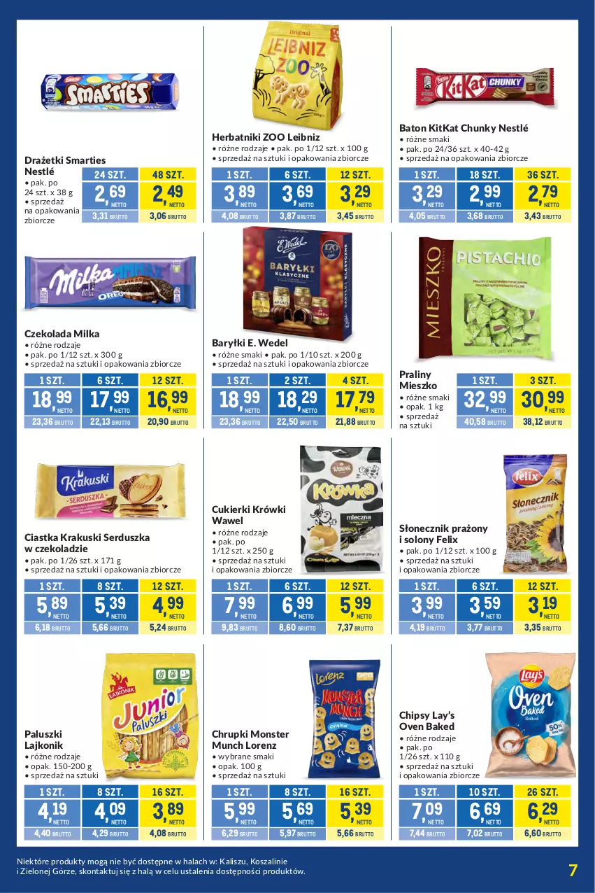 Gazetka promocyjna Makro - Kupujesz więcej płacisz mniej - ważna 09.06 do 07.07.2026 - strona 7 - produkty: Baryłki, Baton, Chipsy, Chrupki, Ciastka, Cukier, Cukierki, Czekolada, E. Wedel, Felix, Herbatniki, Kosz, Krakus, Krakuski, Lajkonik, Lay’s, Lorenz, Milka, Monster Munch, Nestlé, Praliny, Ser, Słonecznik prażony, Szal, Wawel