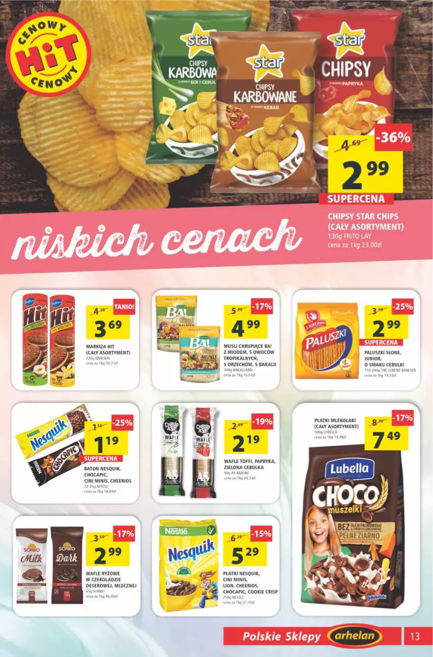 Gazetka promocyjna Arhelan - Gazetka - ważna 04.06 do 13.06.2021 - strona 13 - produkty: Baton, Bell, Bella, Cheerios, Chipsy, Cini Minis, LG, Lion, Lubella, Markiza, Mleko, Nesquik, Papryka, Ryż, Sok, Wafle