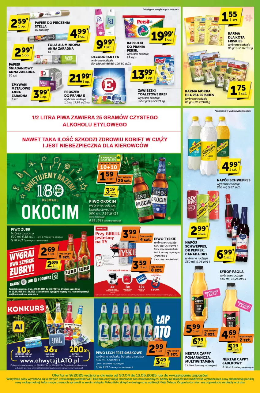 Gazetka promocyjna ABC - ważna 30.04 do 13.05.2025 - strona 4 - produkty: Bref, Cappy, Danio, Fa, Folia aluminiowa, Friskies, Koc, Napój, Nektar, Okocim, Paola, Persil, Piec, Piwo, Proszek do prania, Schweppes, Syrop, Tyskie, Zawieszki