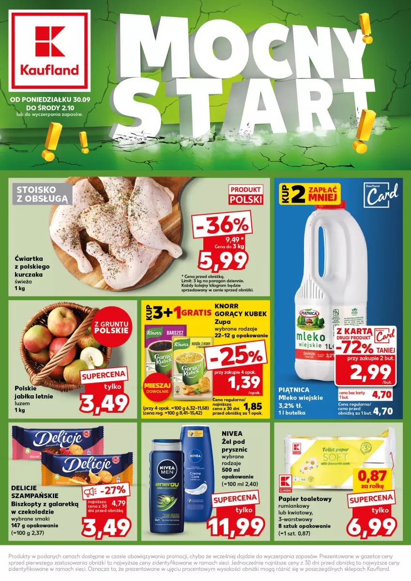 Gazetka promocyjna Kaufland - Kaufland - ważna 30.09 do 02.10.2024 - strona 1 - produkty: Biszkopty, Delicje, Gala, Gra, Jabłka, Knorr, Kubek, Kurczak, Mleko, Nivea, Olej, Papier, Papier toaletowy, Piątnica, Rum, Zupa