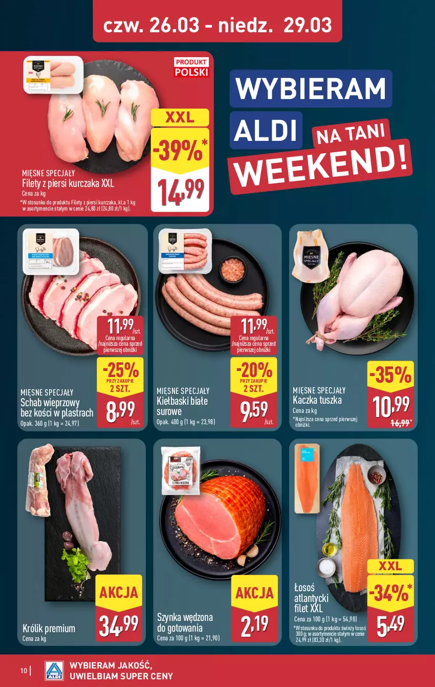 Gazetka promocyjna Aldi - Oferta weekendowa - ważna 26.03 do 29.03.2026 - strona 10 - produkty: Kaczka, Kiełbaski białe, Królik, Kurczak, Mięsne specjały, Schab wieprzowy, Szynka, Tusz