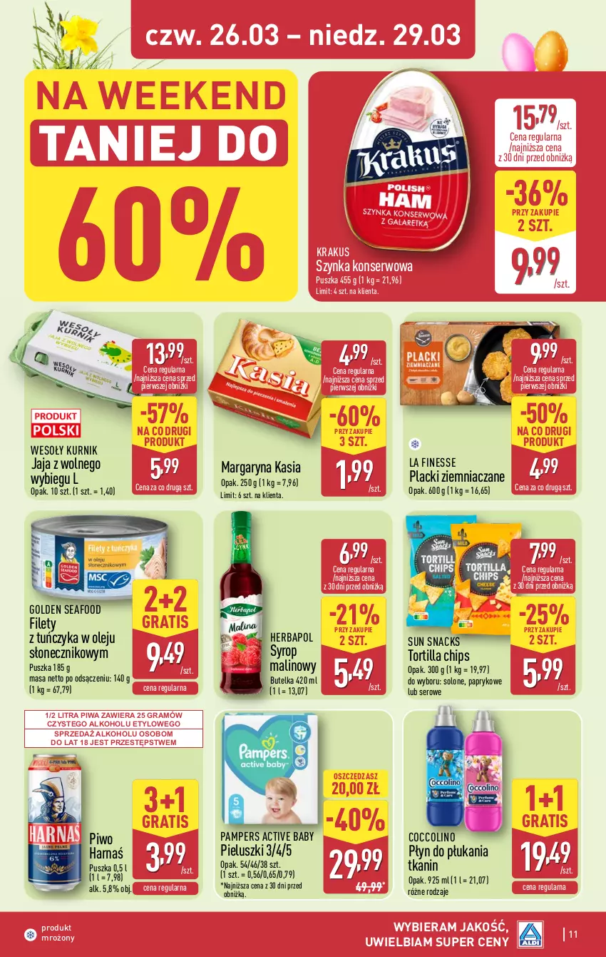 Gazetka promocyjna Aldi - Oferta weekendowa - ważna 26.03 do 29.03.2026 - strona 11 - produkty: Coccolino, Golden Seafood, Gra, Harnaś, Herbapol, Jaja, Jaja z wolnego wybiegu, Kasia, Krakus, Lack, Margaryna, Olej, Pampers, Piwa, Piwo, Płyn do płukania, Ser, Syrop, Szynka, Szynka konserwowa, Tortilla, Tortilla Chips, Tuńczyk