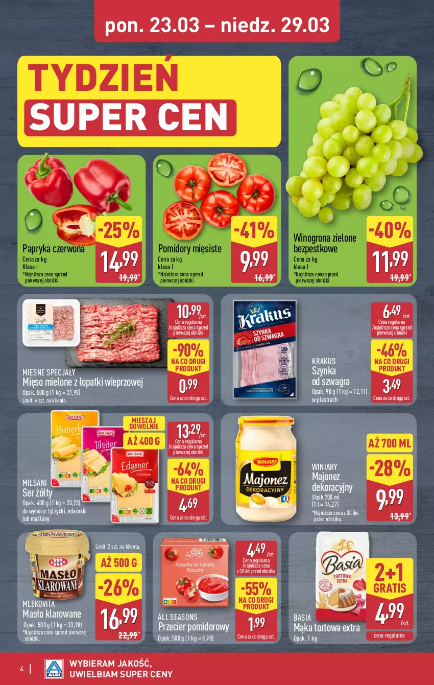 Gazetka promocyjna Aldi - Oferta weekendowa - ważna 26.03 do 29.03.2026 - strona 4 - produkty: All Seasons, Basia, Edam, Gra, Krakus, Majonez, Mąka, Mąka tortowa, Masło, Masło klarowane, Mięsne specjały, Mięso, Mięso mielone, Mięso mielone z łopatki wieprzowej, Mleko, Mlekovita, Papryka, Papryka czerwona, Pomidory, Ser, Szynka, Winiary, Wino, Winogrona