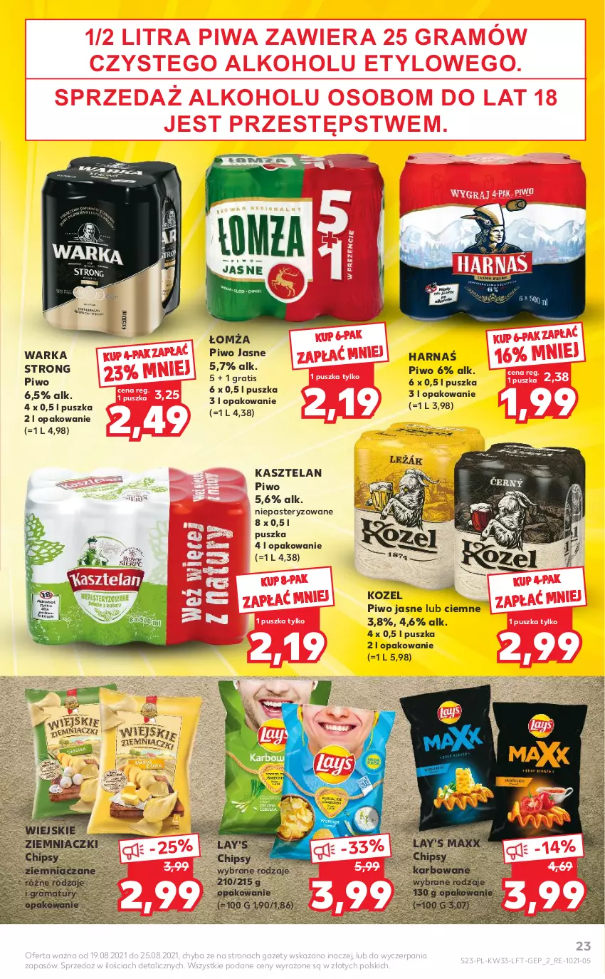 Gazetka promocyjna Kaufland - OFERTA TYGODNIA - ważna 19.08 do 25.08.2021 - strona 23 - produkty: Chipsy, Gra, Harnaś, Kasztelan, Kozel, Piwa, Piwo, Piwo jasne, Rama, Warka