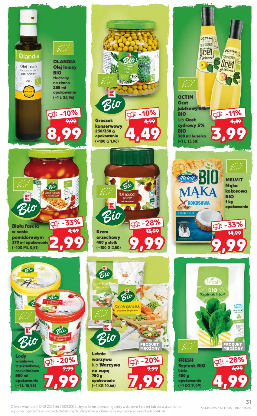 Gazetka promocyjna Kaufland - OFERTA TYGODNIA - ważna 19.08 do 25.08.2021 - strona 31 - produkty: Fa, Fasola, Groszek, Kokos, Krem orzechowy, Lody, Mąka, Melvit, Ocet, Olej, Ser, Sos, Szpinak, Warzywa