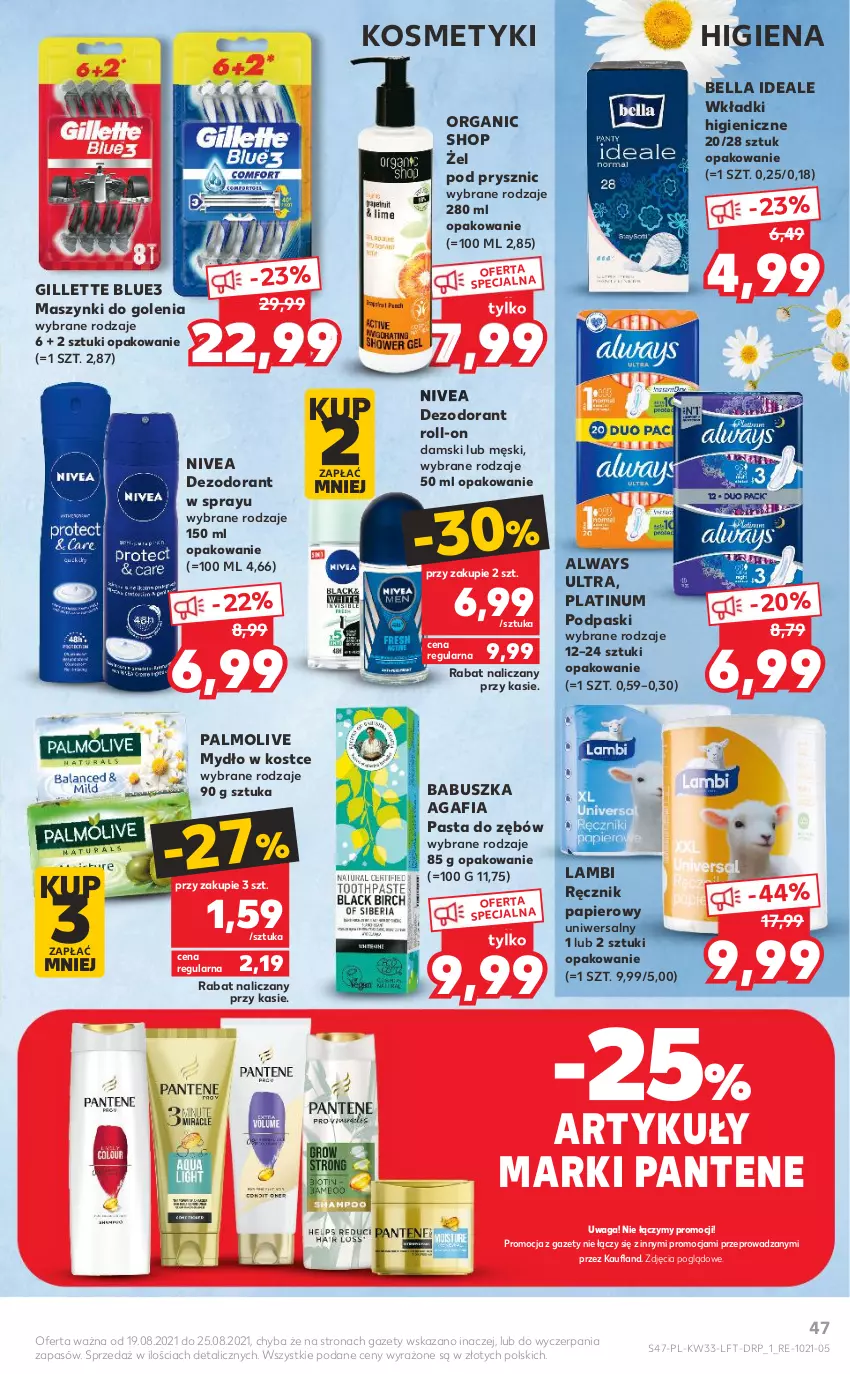 Gazetka promocyjna Kaufland - OFERTA TYGODNIA - ważna 19.08 do 25.08.2021 - strona 47 - produkty: Always, Always Ultra, Bell, Bella, Dezodorant, Gillette, Mydło, Nivea, Palmolive, Pantene, Papier, Pasta do zębów, Podpaski, Ręcznik, Waga, Wkładki